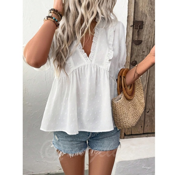 White Swiss Dot Babydoll V-Neck Short Puff Sleeve Top Shirt Frill Ruffle Trim - Picture 6 of 9